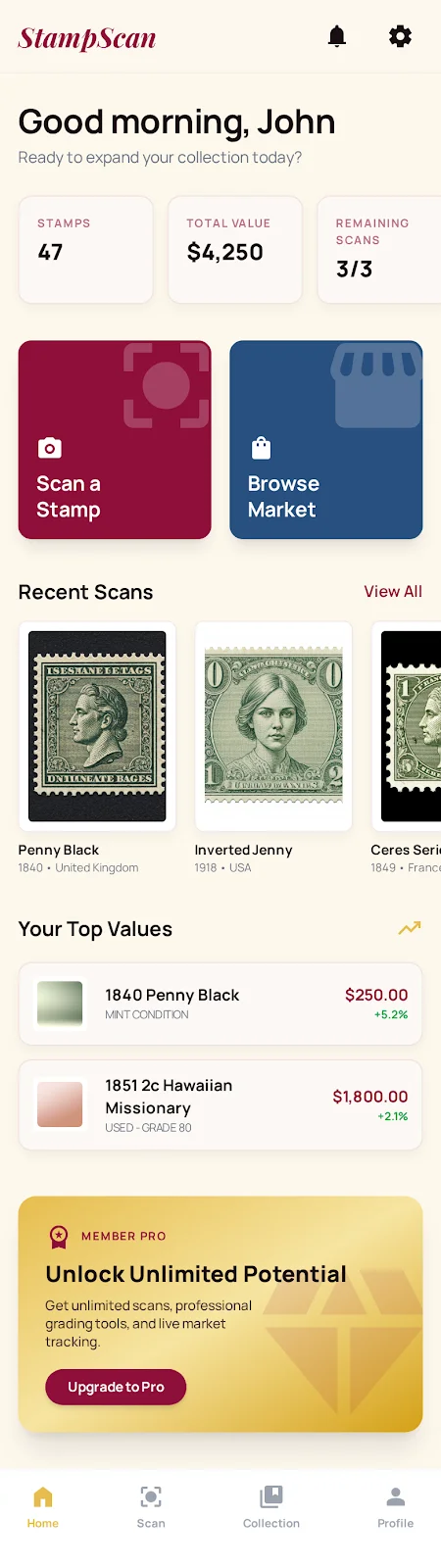 App StampScan che mostra l'identificazione dei francobolli