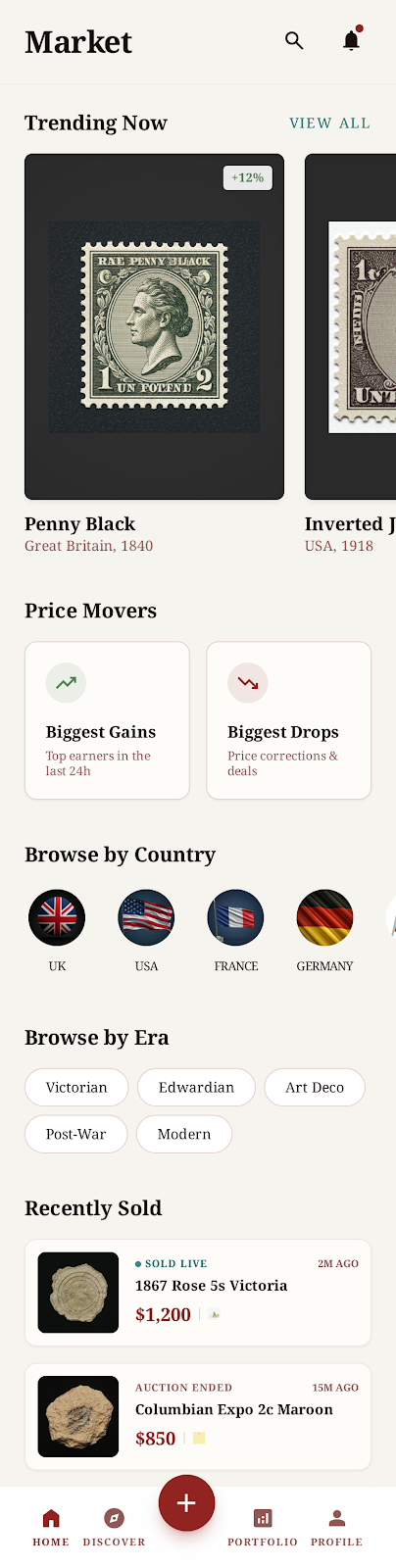 Market browser showing trending stamps, price movers, country filters and recently sold auction items