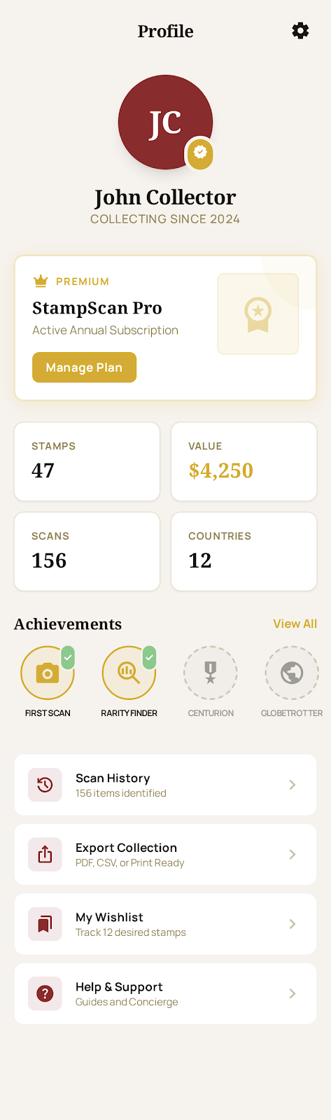 User profile showing StampScan Pro subscription, collection stats, achievements and account settings